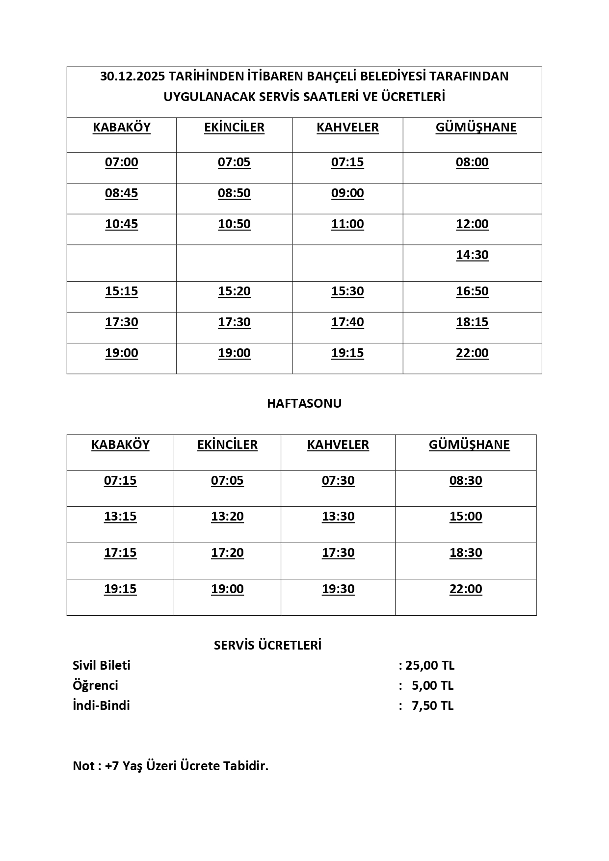 30.12.2025 TARİHİNDEN İTİBAREN BAHÇELİ BELEDİYESİ TARAFINDAN UYGULANACAK SERVİS SAATLERİ