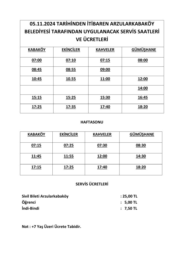 KIŞ SERVİS SAATLERİMİZ