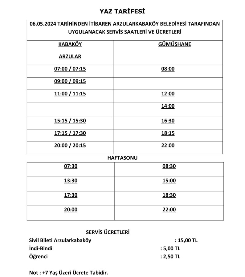 06.05.2024 TARİHİNDEN İTİBAREN SERVİS SAATLERİMİZ